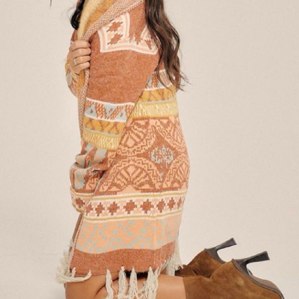 Aztec Pattern Boho Orange Blue White Fringed Open… - image 5